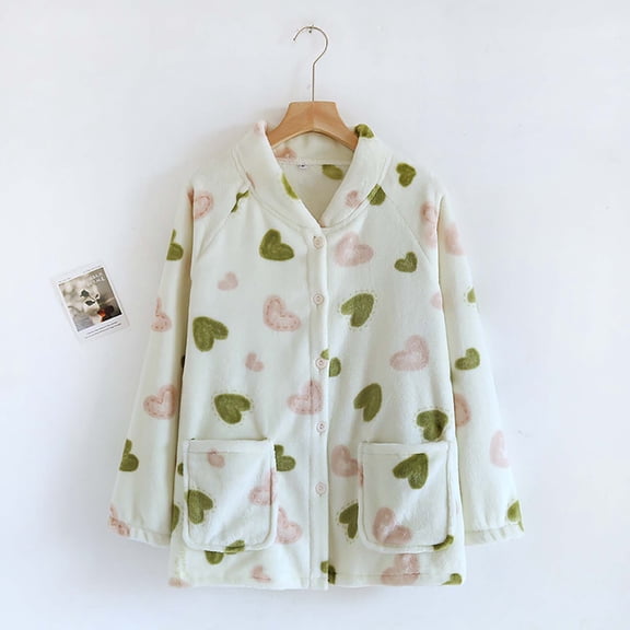 YMNXA Women's Velvet Pajama With Pocket Long Sleeves Cartoon Print Buttons Thickened Warm Soft Sleepwear For Autumn Winter Daily Wear Bg2 L