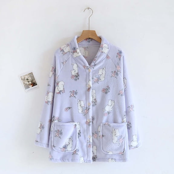 YMNXA Women's Velvet Pajama With Pocket Long Sleeves Cartoon Print Buttons Thickened Warm Soft Sleepwear For Autumn Winter Daily Wear Purple M