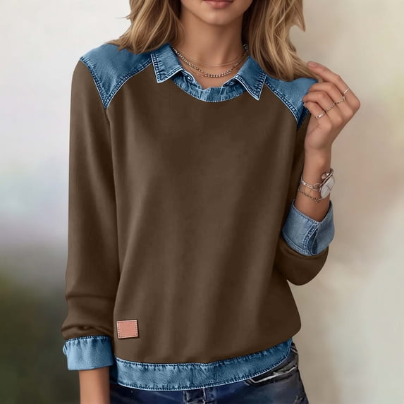 YMNXA Womens Denim Sweatshirt Long Sleeve Lapel Patchwork Comfortable Fashion Pullover Top For Daily Wear Coffee L