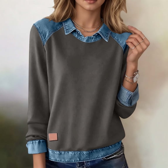 YMNXA Womens Denim Sweatshirt Long Sleeve Lapel Patchwork Comfortable Fashion Pullover Top For Daily Wear Grey Xxl