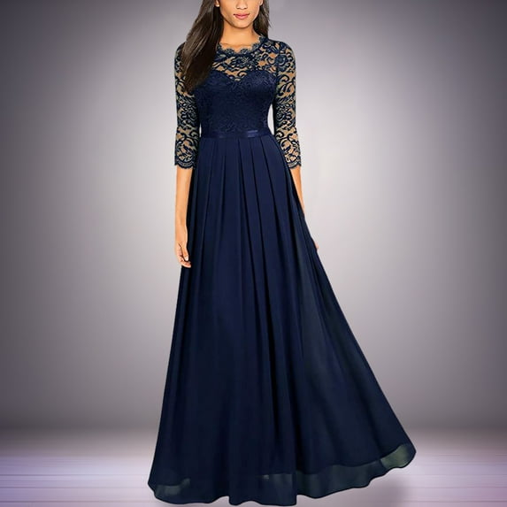 YMNXA Womens Dress 3/4 Sleeve Round Neck Solid Color Lace Pleated Fashion Comfortable Dresses For Evening Party Blue L