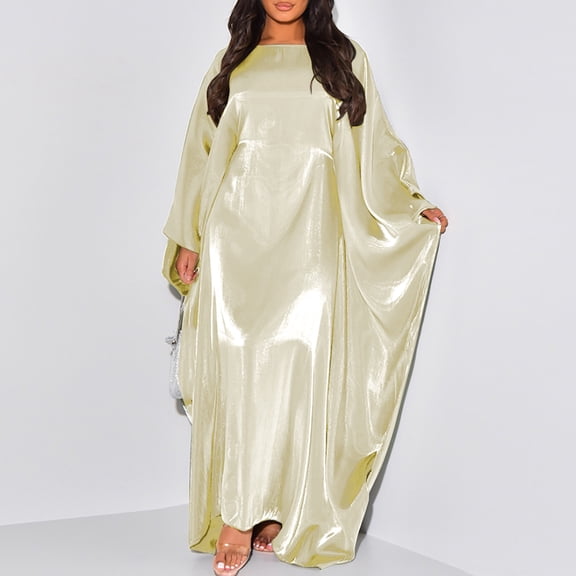 YMNXA Womens Dress Batwing Sleeve Solid Color Comfortable Lightweight Satin Maxi Dresses For Casual Daily Wesr Beige One Size