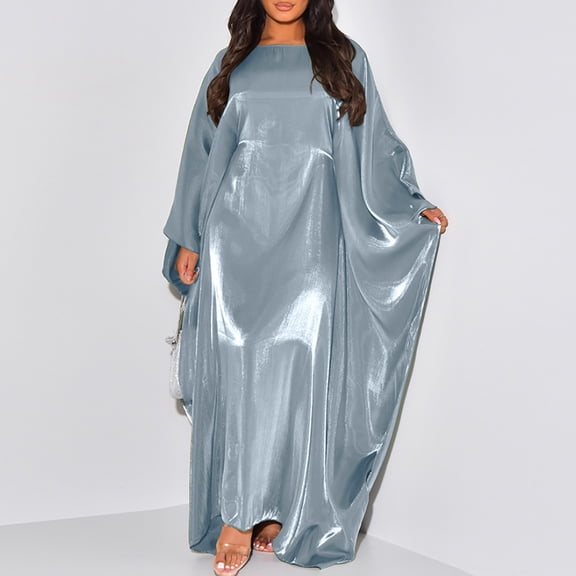 YMNXA Womens Dress Batwing Sleeve Solid Color Comfortable Lightweight Satin Maxi Dresses For Casual Daily Wesr Blue One Size