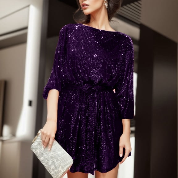 YMNXA Womens Dress Long Sleeve Round Neck Solid Color Sequin Elegant Comfortable Prom Dress For Evening Party Purple Xxl