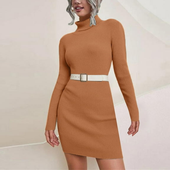 YMNXA Womens Dress Long Sleeve Turtleneck Solid Color Knitted Slim Fit Comfortable Sweater Dresses For Daily Wear B Xl