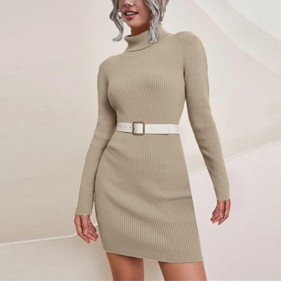 YMNXA Womens Dress Long Sleeve Turtleneck Solid Color Knitted Slim Fit Comfortable Sweater Dresses For Daily Wear Khaki L