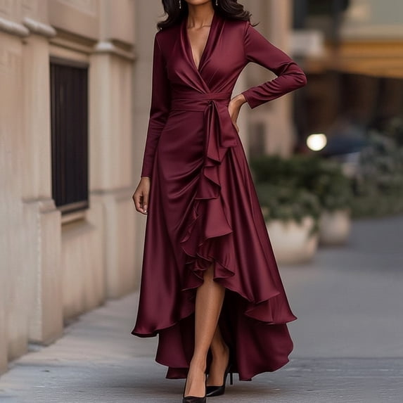 YMNXA Womens Dress Long Sleeve V Neck Solid Color Ruffles Pleated Detail Comfortable Stylish Dresses For Party And Formal Occasions,Red,S