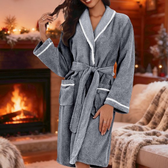YMNXA Womens Flannel Bathrobe With Pocket Long Sleeve Lace Up Color Block Elegant Thickened Warm Homewear For Daily Wear Light Gray M