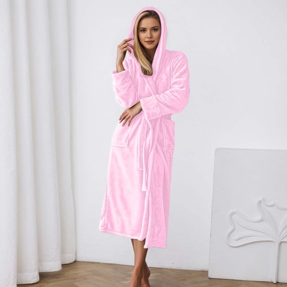 YMNXA Womens Hooded Bathrobe With Pocket Long Sleeve Lace Up Solid Color Plush Warm Elegant Soft Homewear For Daily Wear Pink S