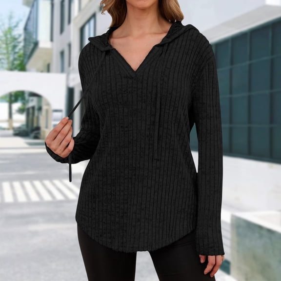 YMNXA Womens Hoodies Knit Drawstring Long Sleeve V Neck Solid Color Soft Relaxed Fit Sweatshirt Top For Casual Daily Wear Black Xxl