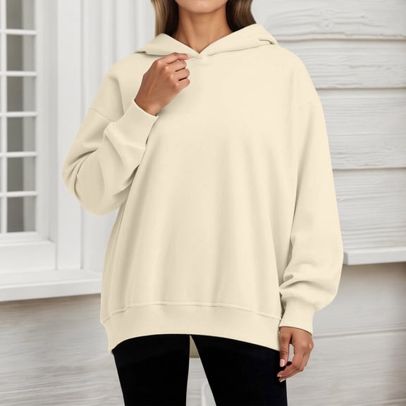 YMNXA Womens Hoodies Long Sleeve Solid Color Comfortable Loose Fit Sweatshirt For Daily Wear Beige L