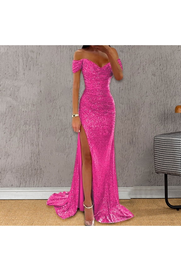 Womens Prom Dress Short Sleeve Sequin Solid Color High Split Floor Length Elegant Low Cut Dresses For Wedding Hot Pink L