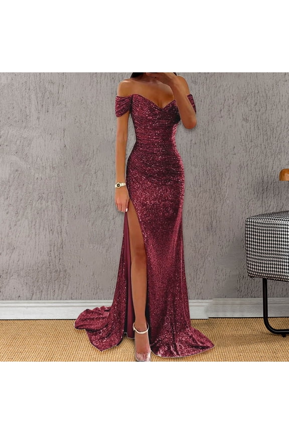 Womens Prom Dress Short Sleeve Sequin Solid Color High Split Floor Length Elegant Low Cut Dresses For Wedding Wine Xl