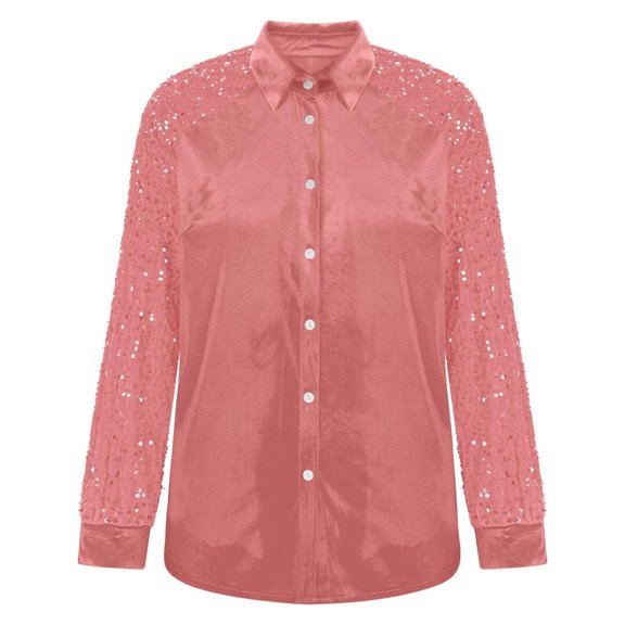 YMNXA Womens Shirt Long Sleeve Lapel Solid Color Sequins Buttons Stylish Soft Comfortable Blouse For Daily Wear And Party Pink Xl
