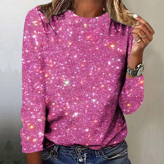 YMNXA Womens Shirts Long Sleeve Crew Neck Sequins Comfortable Fashion Tops Pullover Ladies Clothes For Daily Wear Hot Pink L