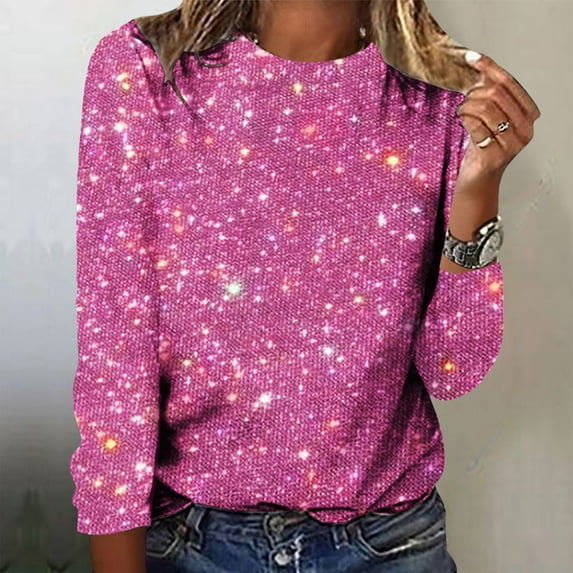 YMNXA Womens Shirts Long Sleeve Crew Neck Sequins Comfortable Fashion Tops Pullover Ladies Clothes For Daily Wear Hot Pink L