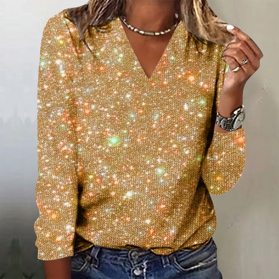YMNXA Womens Shirts Long Sleeve V Neck Sequins Comfortable Fashion Tops Pullover Ladies Clothes For Daily Wear Yellow L