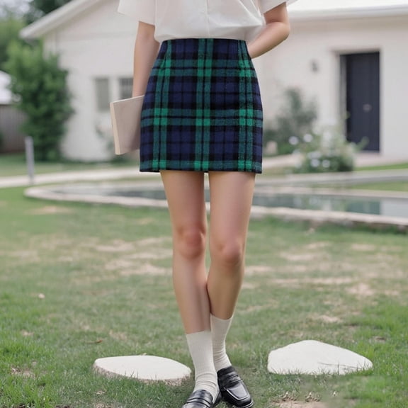 YMNXA Womens Skirt High Waist Plaid Print Pencil Skirt Slim Fit Stretch Mini Skirt For Casual Wear And Party Green M