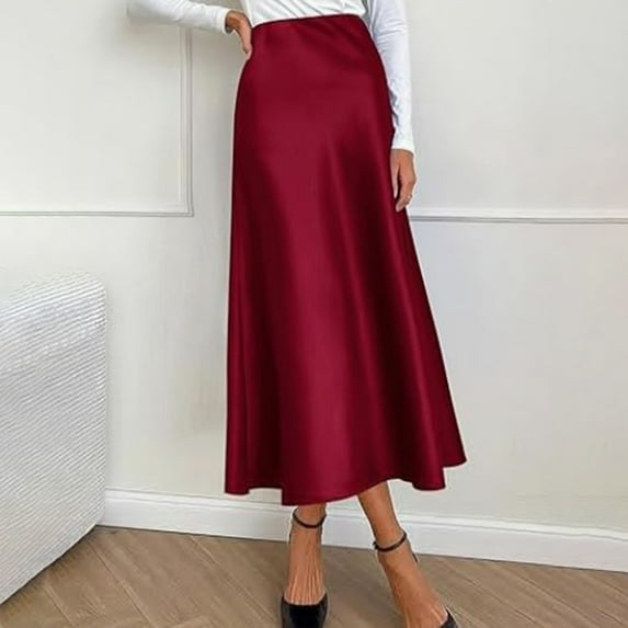 YMNXA Womens Skirt High Waist Solid Color Elegant Comfortable Satin Skirt For Daily Wear Red L