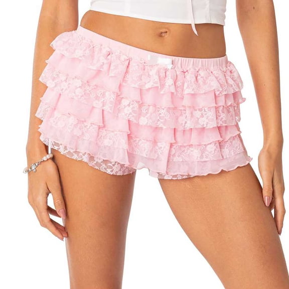 YMNXA Womens Skirt High Waist Solid Color Lace Trim Layered Fashion Mini Skirt For Casual Wear And Party Red L