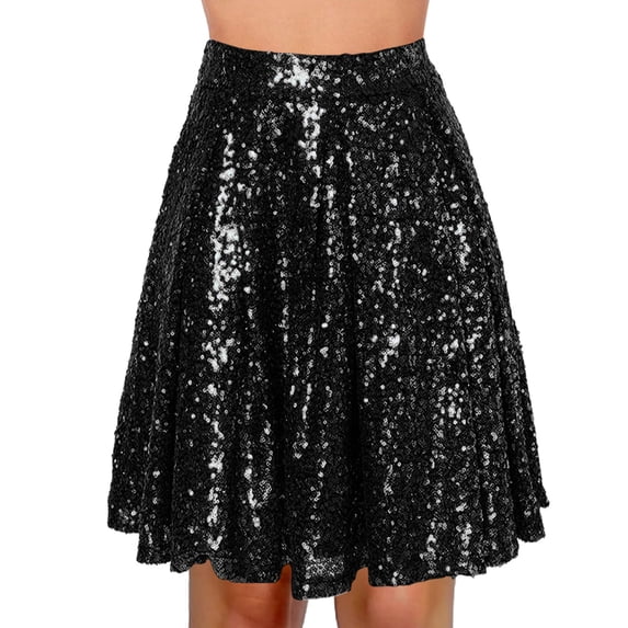 YMNXA Womens Skirt High Waist Solid Color Pleated Sequins Stylish Comfortable Knee Length Skirt For Party Black Xl
