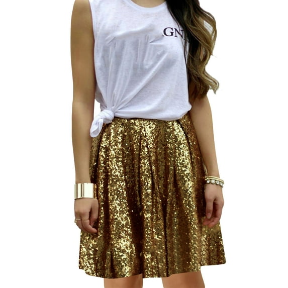 YMNXA Womens Skirt High Waist Solid Color Pleated Sequins Stylish Comfortable Knee Length Skirt For Party Gold Xxl