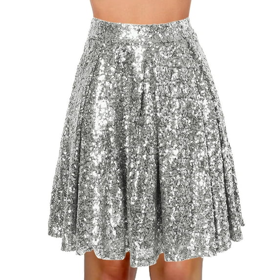 YMNXA Womens Skirt High Waist Solid Color Pleated Sequins Stylish Comfortable Knee Length Skirt For Party Silver L