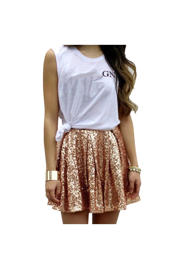 Womens Skirt High Waist Solid Color Pleated Sequins Stylish Comfortable Mini Skirt For Party Rose Gold Xxl