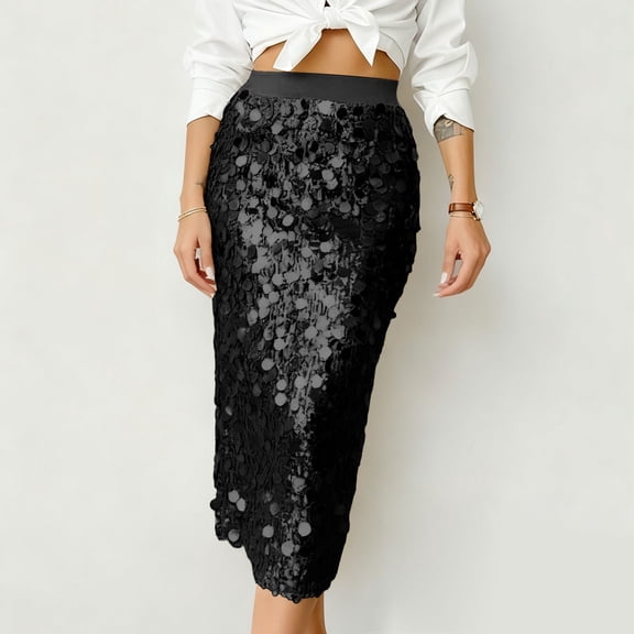 YMNXA Womens Skirt High Waist Solid Color Sequins Fashion Comfortable Skirt For Casual Daily Wear Black L