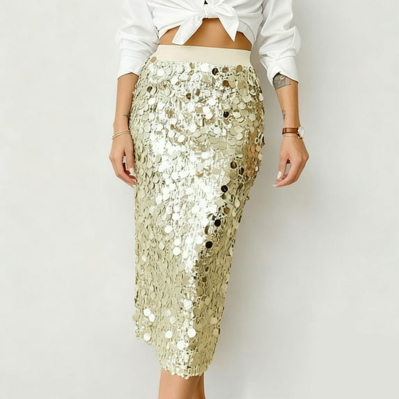YMNXA Womens Skirt High Waist Solid Color Sequins Fashion Comfortable Skirt For Casual Daily Wear Gold Xl