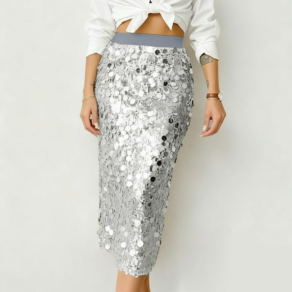 YMNXA Womens Skirt High Waist Solid Color Sequins Fashion Comfortable Skirt For Casual Daily Wear Grey Xxl