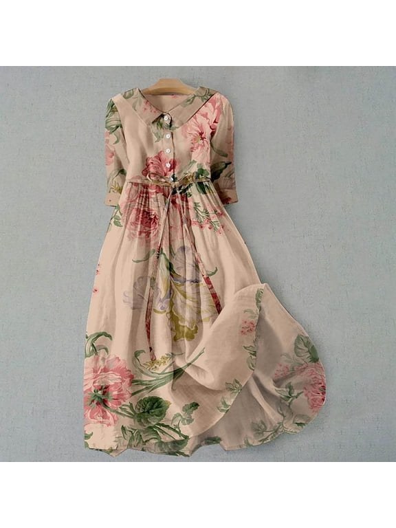 Womens Summer Dress 3/4 Sleeve Lapel Floral Print Comfortable Stylish Mid Length Dresses For Casual Daily Wear,Rose Gold,M