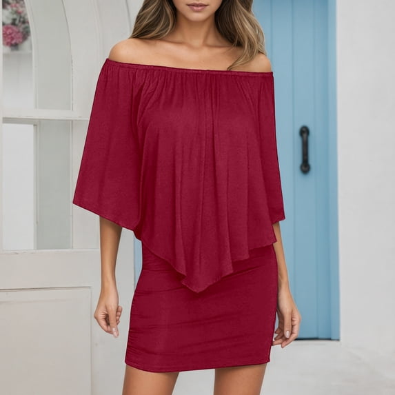 YMNXA Womens Summer Dress Short Sleeve Off Shoulder Solid Color Comfortable Stylish Mini Dresses For Everyday Wear,M