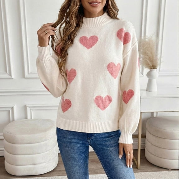 YMNXA Womens Sweater Long Sleeve Half Turtleneck Love Heart Embroidery Knit Casual Fashion Top For Daily Wear Pink L