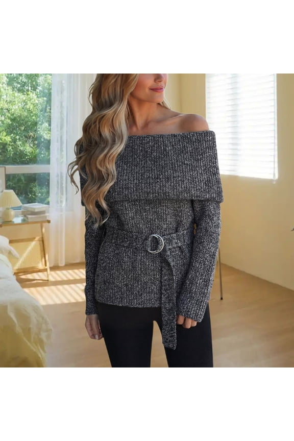 Womens Sweater Off Shoulder Long Sleeve Solid Color Knit Belted Elegant Soft Comfortable Pullover For Casual Daily Wear Dark Gray L