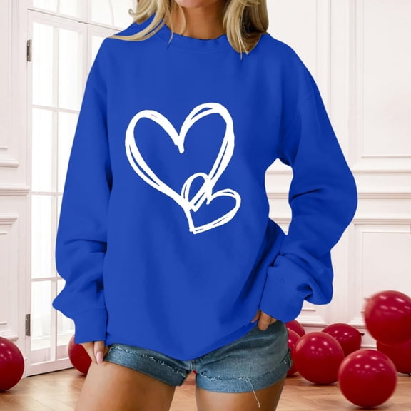 YMNXA Womens Sweatshirt Long Sleeve Crew Neck Love Heart Printed Comfortable Fashion Pullover Top For Everyday Wear Blue S