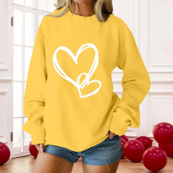 YMNXA Womens Sweatshirt Long Sleeve Crew Neck Love Heart Printed Comfortable Fashion Pullover Top For Everyday Wear Yellow L