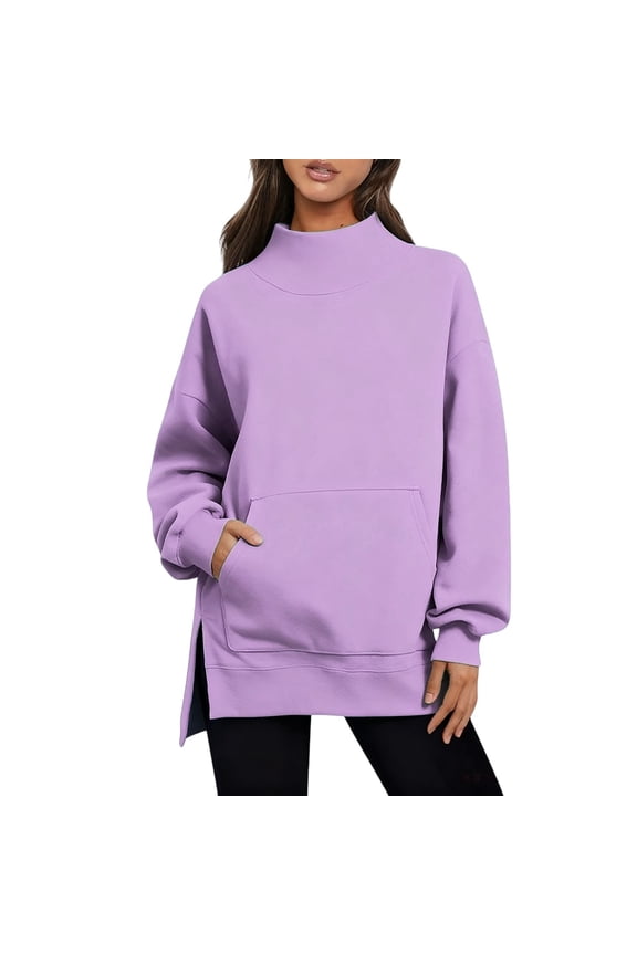 Womens Sweatshirt With Pocket Long Sleeve Turtleneck Solid Color Comfortable Fashion Pullover Top For Daily Wear Purple L