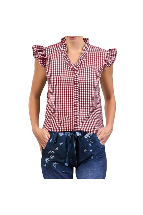 Womens T Shirts Summer Flying Sleeve V Neck Plaid Print Ruffles Button Details Fashion Comfortable Tee Top For Everyday Wear,Red,S