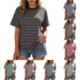 thumbnail image 1 of YMNXA Womens T Shirts Summer Short Sleeve Round Neck Striped Print Fashion Breathable Loose Fit Tee Top For Everyday Wear,Dark Gray,M, 1 of 5
