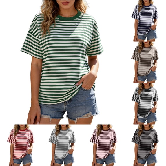 YMNXA Womens T Shirts Summer Short Sleeve Round Neck Striped Print Fashion Breathable Loose Fit Tee Top For Everyday Wear,Green,S