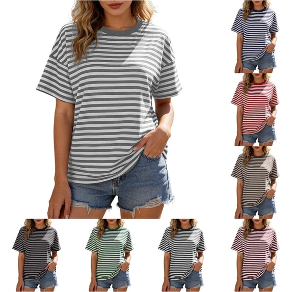 YMNXA Womens T Shirts Summer Short Sleeve Round Neck Striped Print Fashion Breathable Loose Fit Tee Top For Everyday Wear,Grey,M