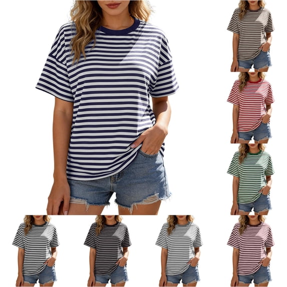 YMNXA Womens T Shirts Summer Short Sleeve Round Neck Striped Print Fashion Breathable Loose Fit Tee Top For Everyday Wear,Navy,M