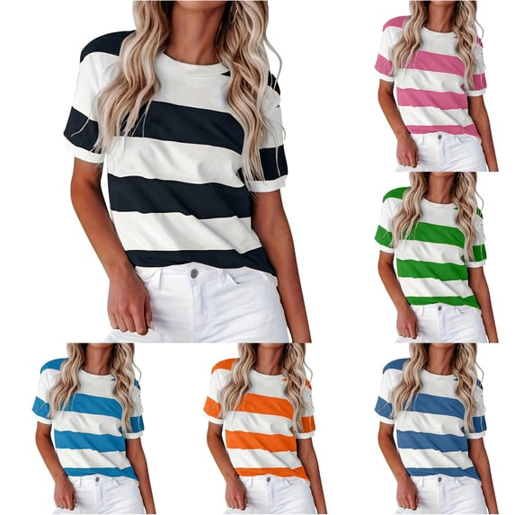 YMNXA Womens T Shirts Summer Short Sleeve Round Neck Striped Print Fashion Breathable Soft Tee Top For Everyday Wear,Black,XXL