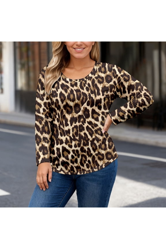 Womens Top Long Sleeve Crew Neck Leopard Print Comfortable Stretch Shirt Blouse For Casual Daily Wear Coffee Xl