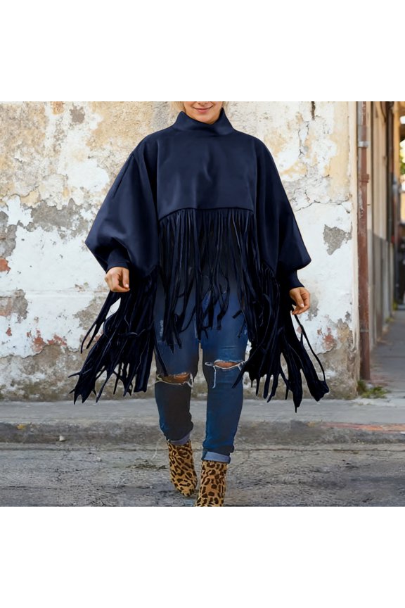Womens Top With Fringe Detail Long Sleeve Turtleneck Solid Color Elegant Comfortable Pullover For Casual Daily Wear Blue Xxxl