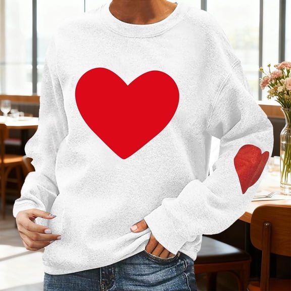 YMNXA Womens Valentine'S Day Sweatshirt Long Sleeve Crew Neck Love Heart Print Soft Fashion Pullover Top For Daily Wear White L