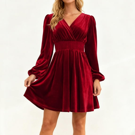 YMNXA Womens Velvet Dress Long Sleeve V Neck Solid Color Flowy A Line Elegant Soft Comfortable Dresses For Party Red Xl