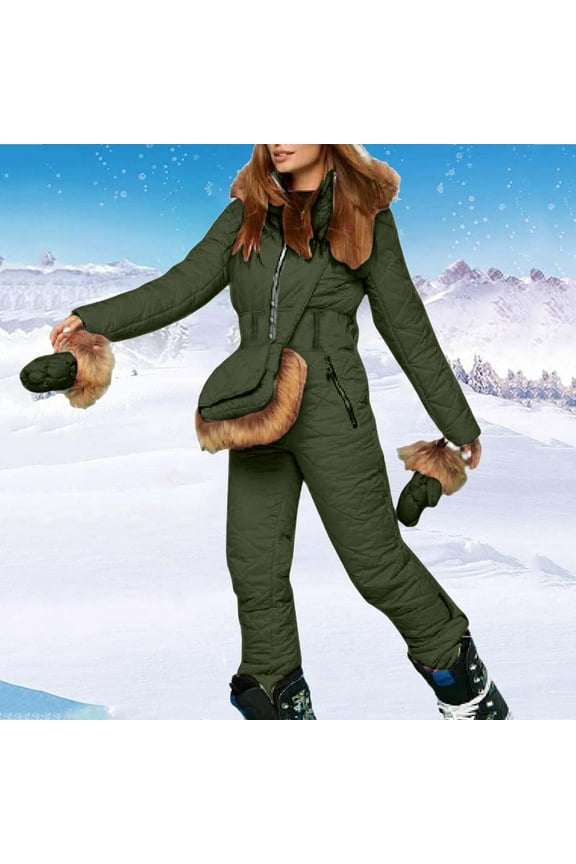 Womens Winter Ski Jumpsuit With Hood Long Sleeve Solid Color Zip Up Outdoor Sports Snowsuit Coat For Outdoor Activities Army Green L