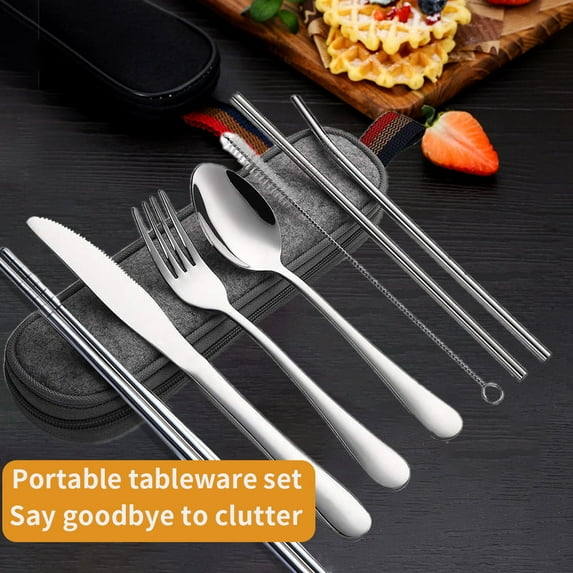 YMTQ 8Pcs Set Portable Stainless Steel Spoon Fork Chopsticks Knife Straws Cutlery